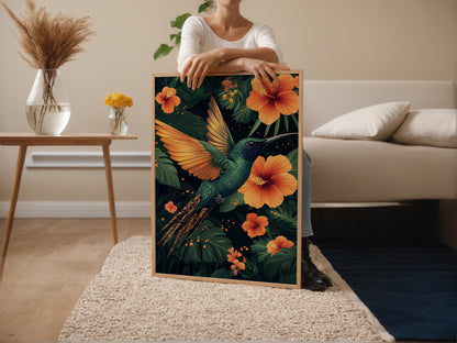 Affiche Oiseau Docteur Jamaïcain – Poster Art avec Motifs Rastafari et Hibiscus