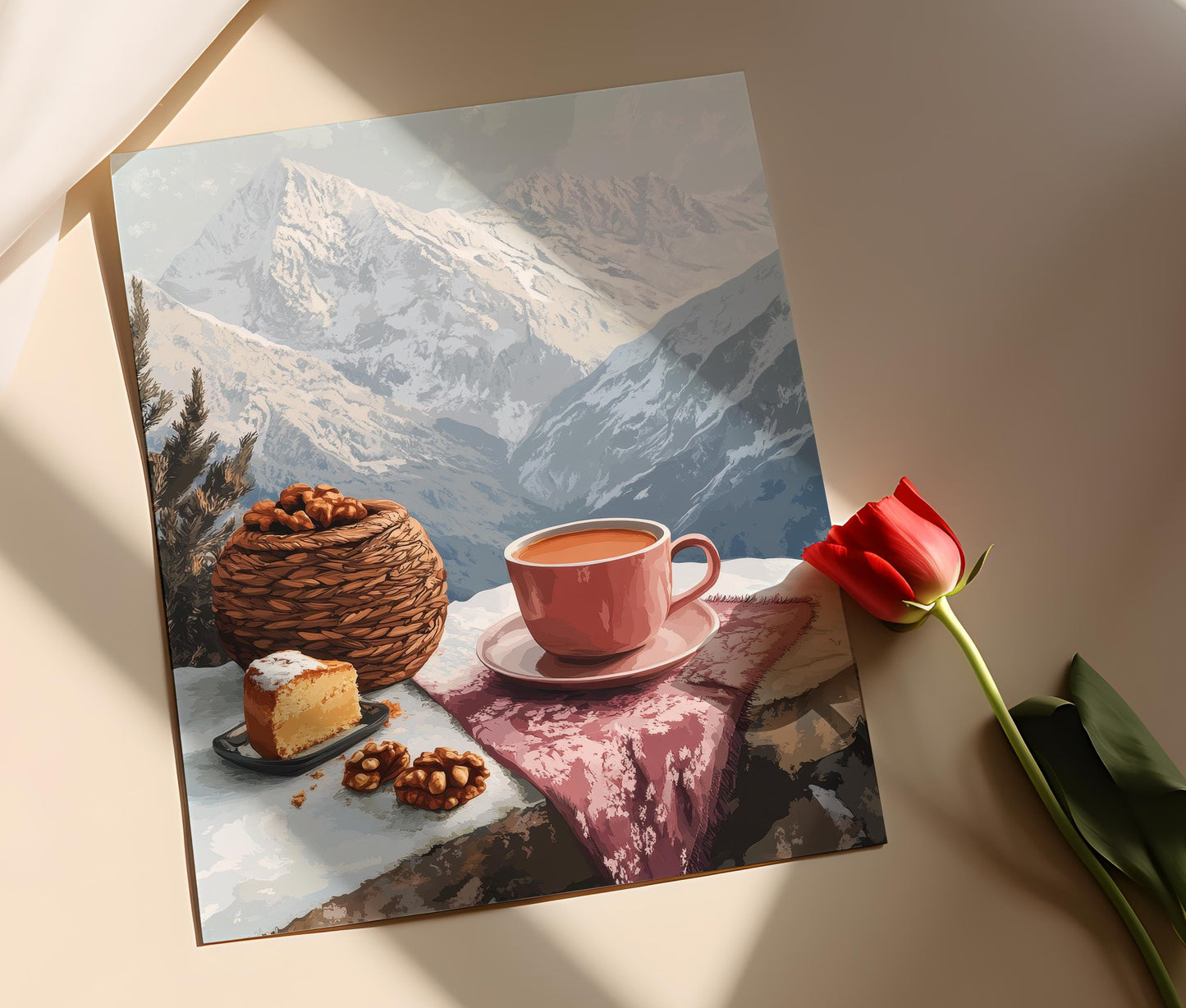 Affiche Srinagar – Poster Matin d'Hiver avec Thé au Beurre et Gâteau aux Noix