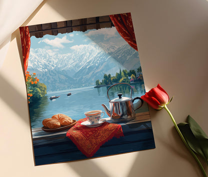 Affiche Srinagar – Poster Petit-déjeuner Rooftop avec Chai et Pashmina