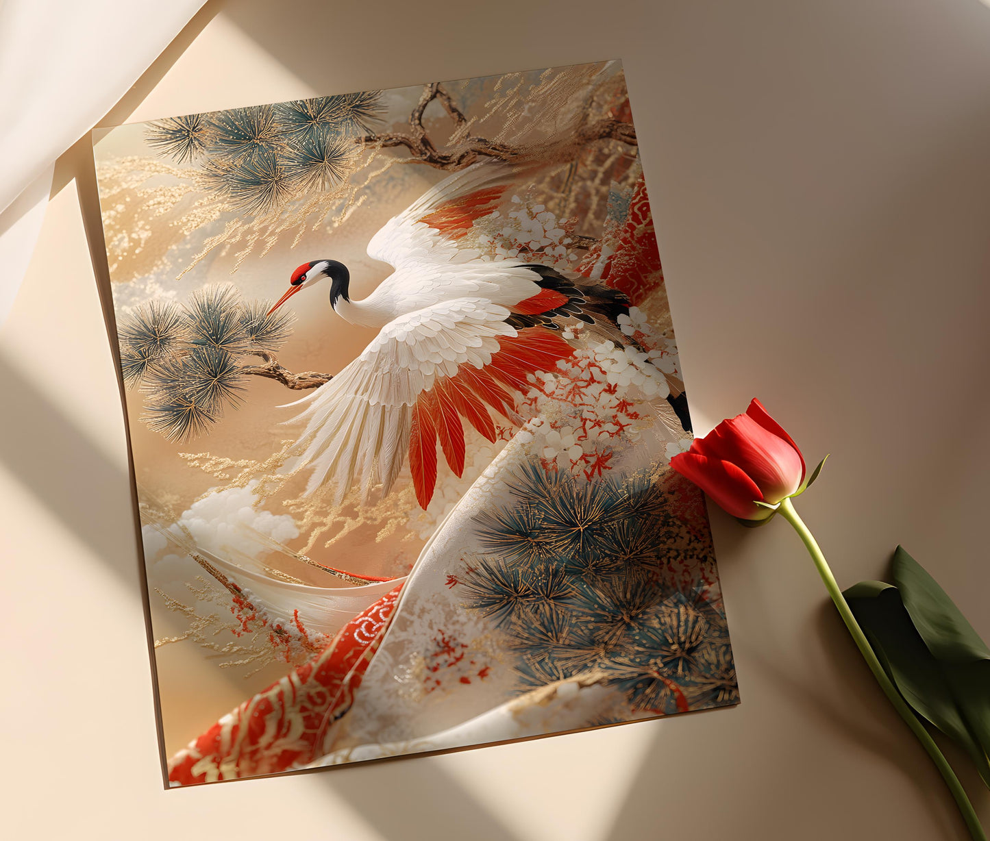 Affiche Art Japonais – Poster Motif Grue et Pin en Tissage Traditionnel