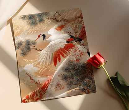 Affiche Art Japonais – Poster Motif Grue et Pin en Tissage Traditionnel