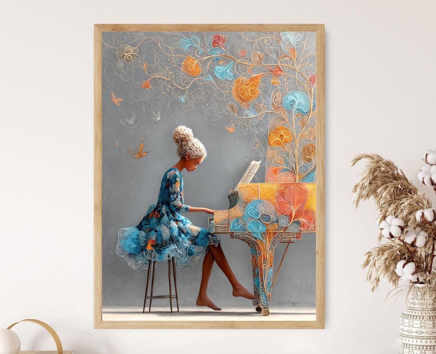 Affiche Papillon Surréaliste – Illustration Onirique de Fille au Piano