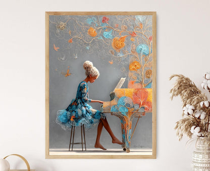 Affiche Papillon Surréaliste – Illustration Onirique de Fille au Piano