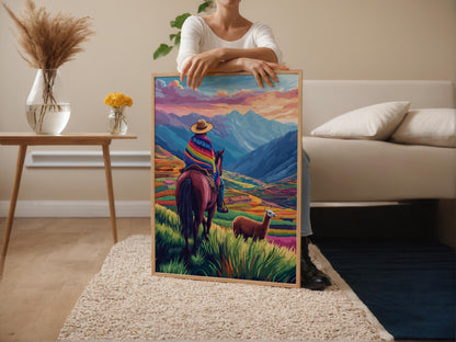 Affiche Ferme Péruvienne – Illustration du Cavalier dans les Andes