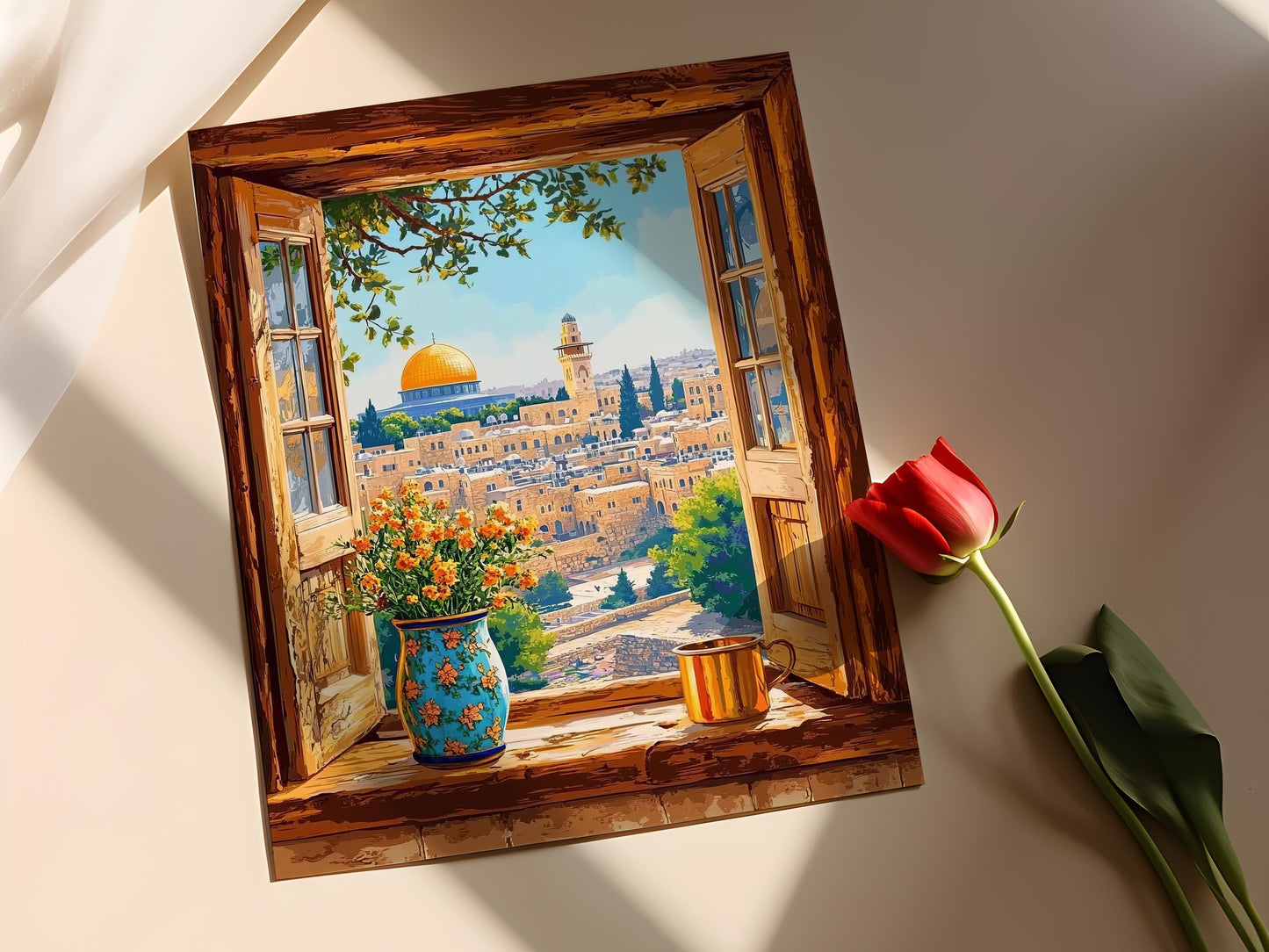 Affiche Jérusalem – Impression en bois, motifs palestiniens, vue du Dôme du Rocher