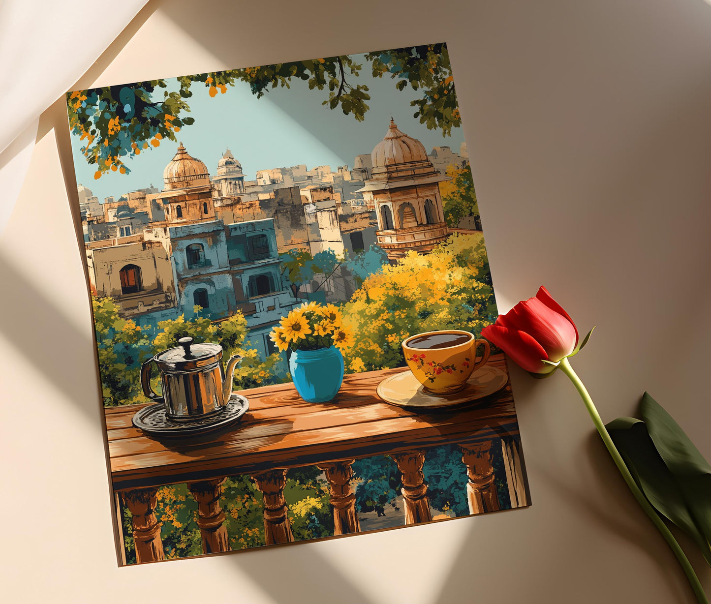 Affiche Vue de Balcon à Ahmedabad – Poster Café Filtré, Héritage Gujarati