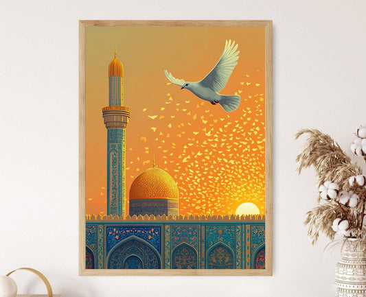 Affiche de la Mosquée de Mashhad – Poster de Colombe d'Iran au Coucher de Soleil