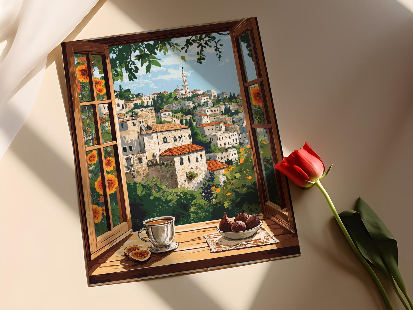 Affiche Fenêtre en Bois de Ramallah – Art Print avec Vue sur les Collines