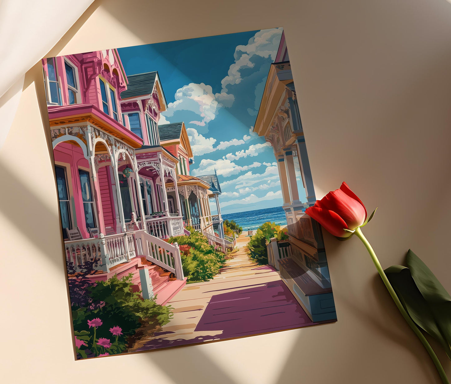 Affiche Maisons Victoriennes de Cape May – Illustration côtière colorée