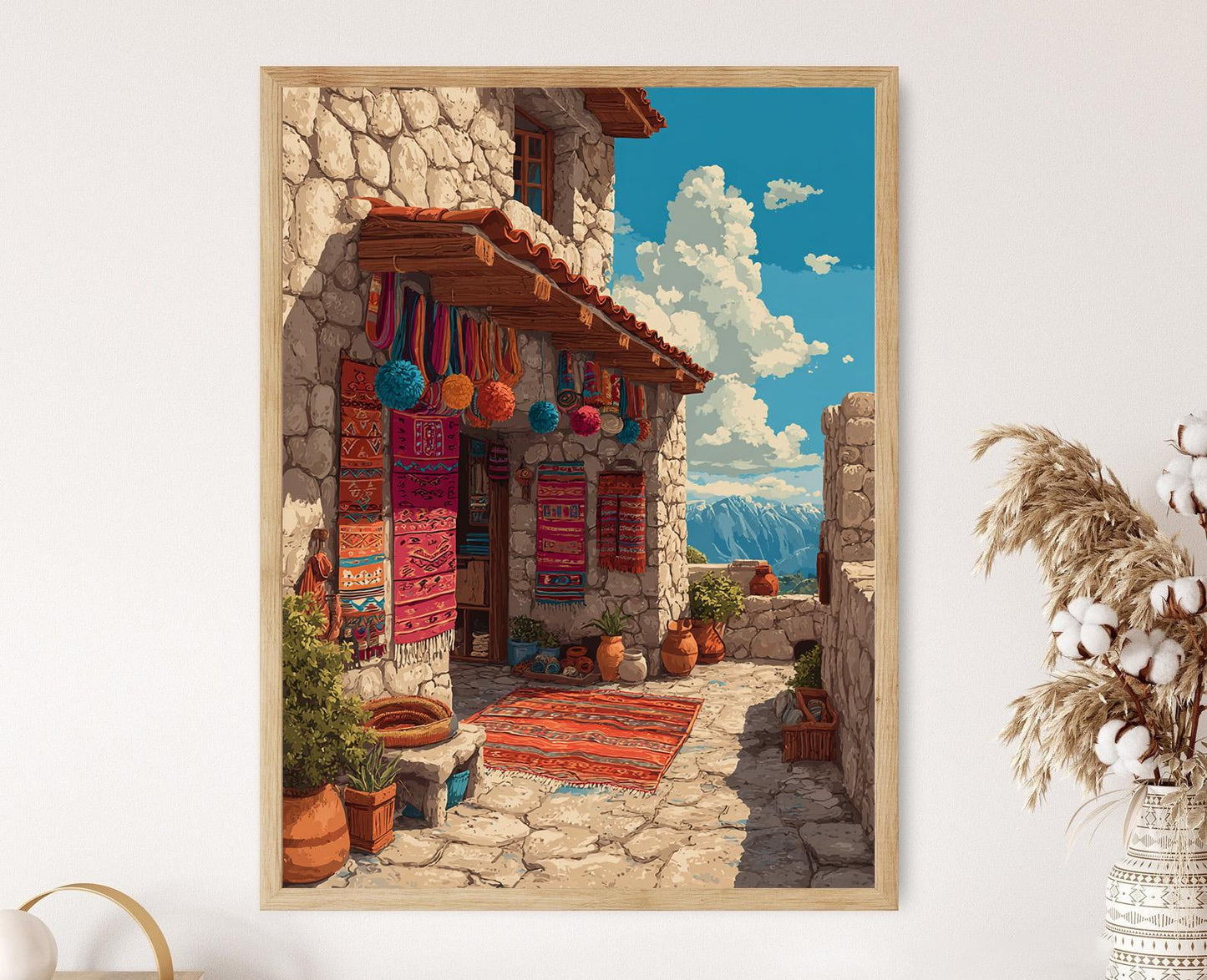 Affiche Marché Andin – Poster Art Populaire Péruvienne, Tissu Alpaga