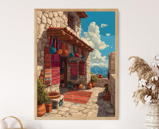 Affiche Marché Andin – Poster Art Populaire Péruvienne, Tissu Alpaga