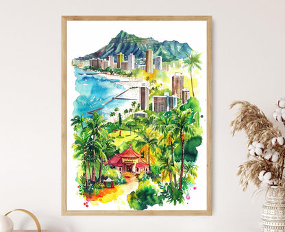 Affiche Honolulu – Impression colorée de la ville, cadeau souvenir hawaïen