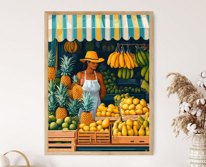 Affiche Marché de Fruits Tropicaux – Art de Stand de Produits Caraïbes