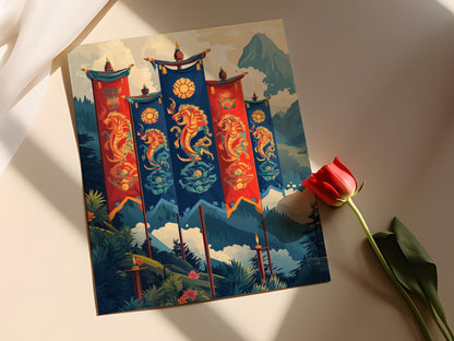 Affiche Cheval du Vent Tibétain – Illustration d'Ornement de Prière