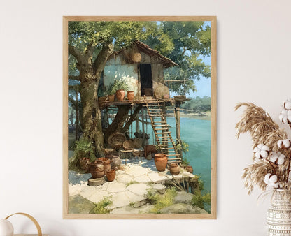 Affiche Maison sur Pilotis – Art de Village Fluvial en Inde