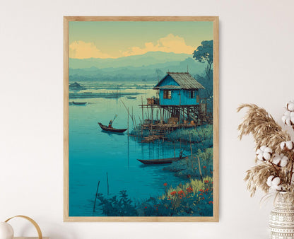 Affiche Maison sur Pilotis Inle Lake – Impression Art Myanmar Village