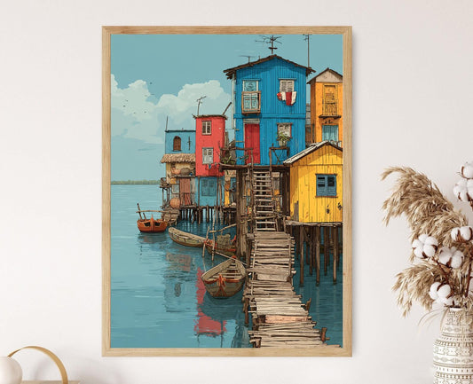 Affiche Village sur Pilotis de Ganvie – Poster Art du Bénin, Culture Ouest-Africaine