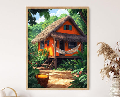 Affiche Maison Guyanaise – Poster Scène Tropicale Traditionnelle