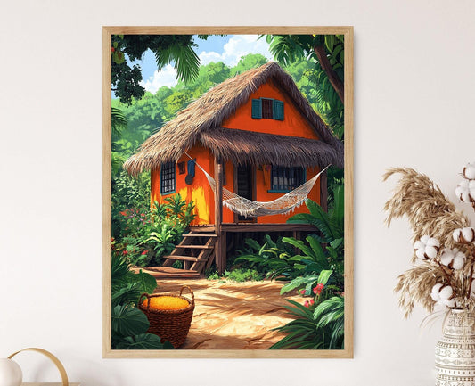 Affiche Maison Guyanaise – Poster Scène Tropicale Traditionnelle