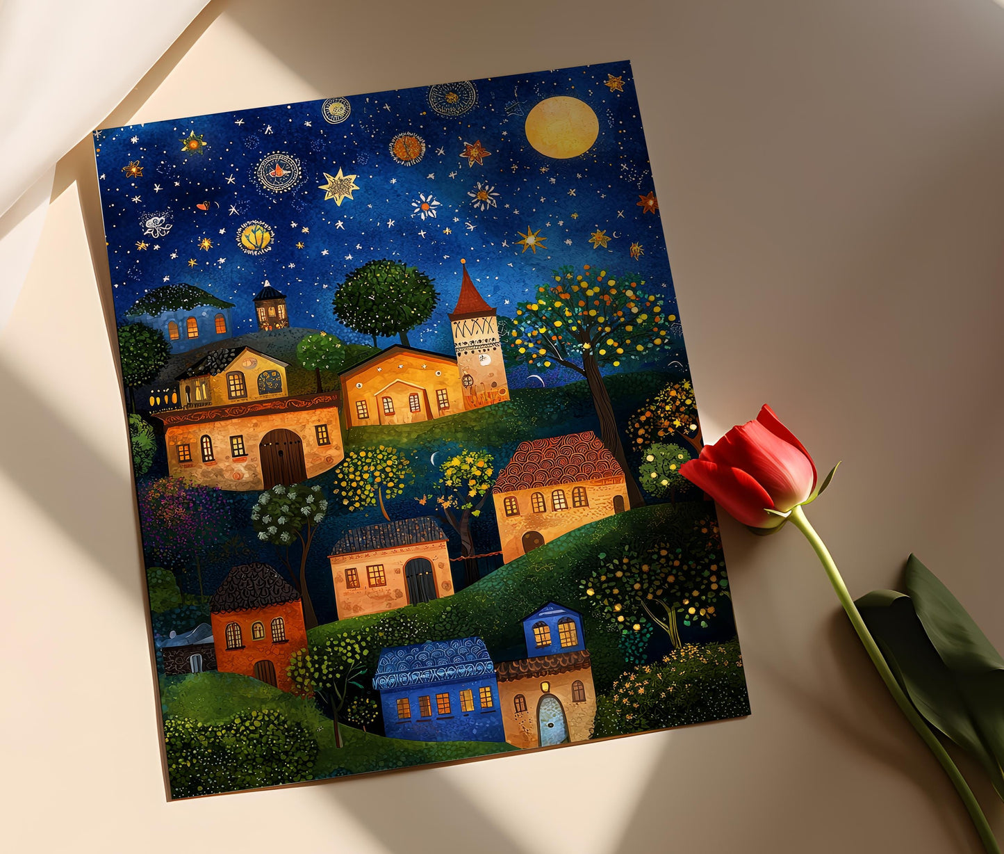 Affiche Village Étoilé – Impression artistique d'une nuit magique avec maisons chaleureuses