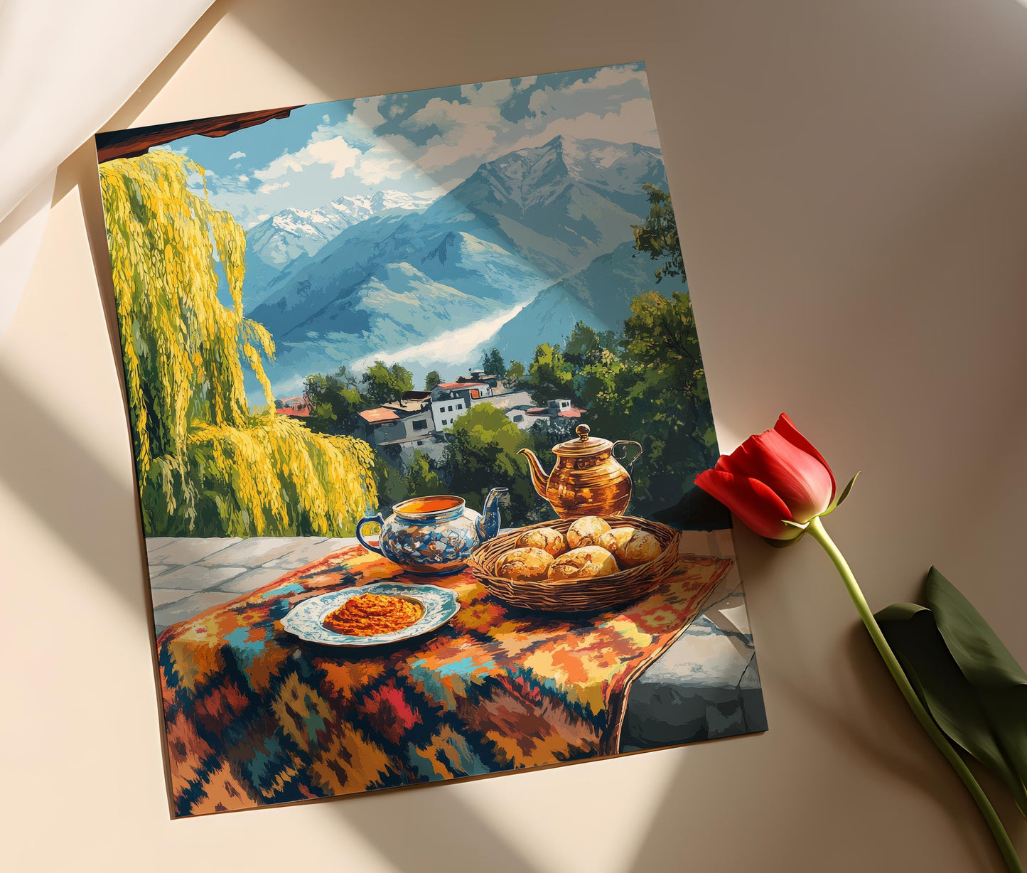 Affiche Scène de Toit de Srinagar – Art du Petit-Déjeuner Hivernal Kashmiri