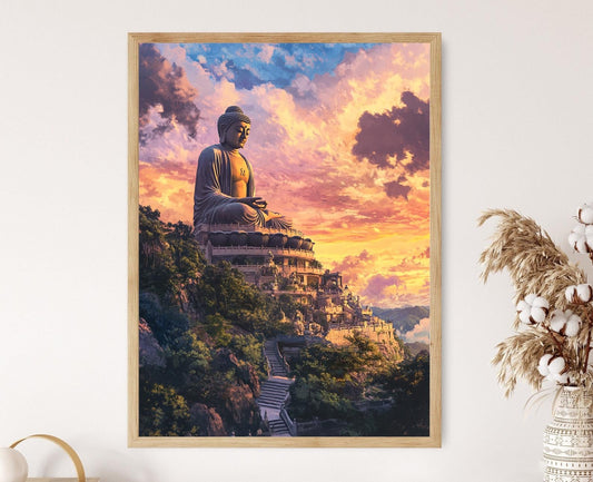 Affiche Bouddha Tian Tan – Poster Art de L'île Lantau, Ciel Dramatique