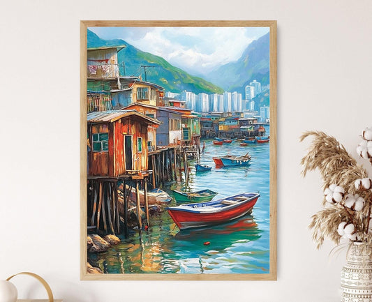 Affiche Village de Pêche de Hong Kong – Impression de Maisons sur Pilotis et Bateaux