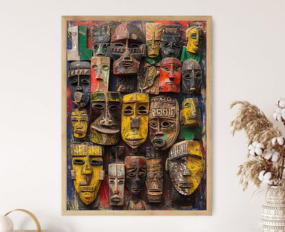 Affiche Masques du Bénin – Impression Artistique Vibrante pour la Maison