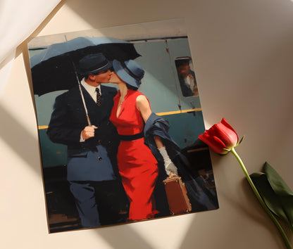 Affiche Vintage Train – Poster Peinture Romantique d'un Couple des Années 50