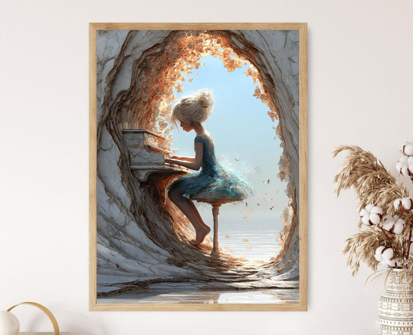 Affiche Fille Surréaliste au Piano – Poster Fantaisie Papillon