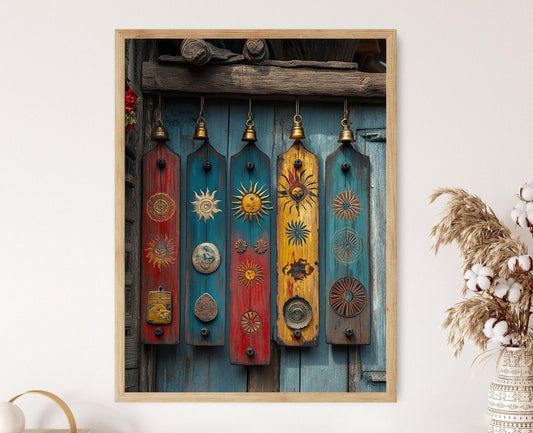 Affiche Soleil et Lune Népalais – Illustration en Bois Folklore