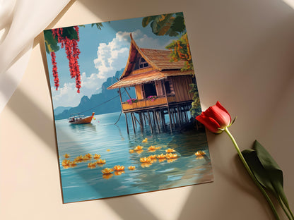 Affiche Maison Thaïlandaise – Impression Art: Habitat Flottant, Fleurs de Lotus