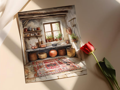 Affiche Cuisine Persane – Poster Art avec Ustensiles en Cuivre et Décor Rustique