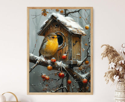 Affiche Hiver Enchanté – Peinture Maison d'Oiseaux Rustique