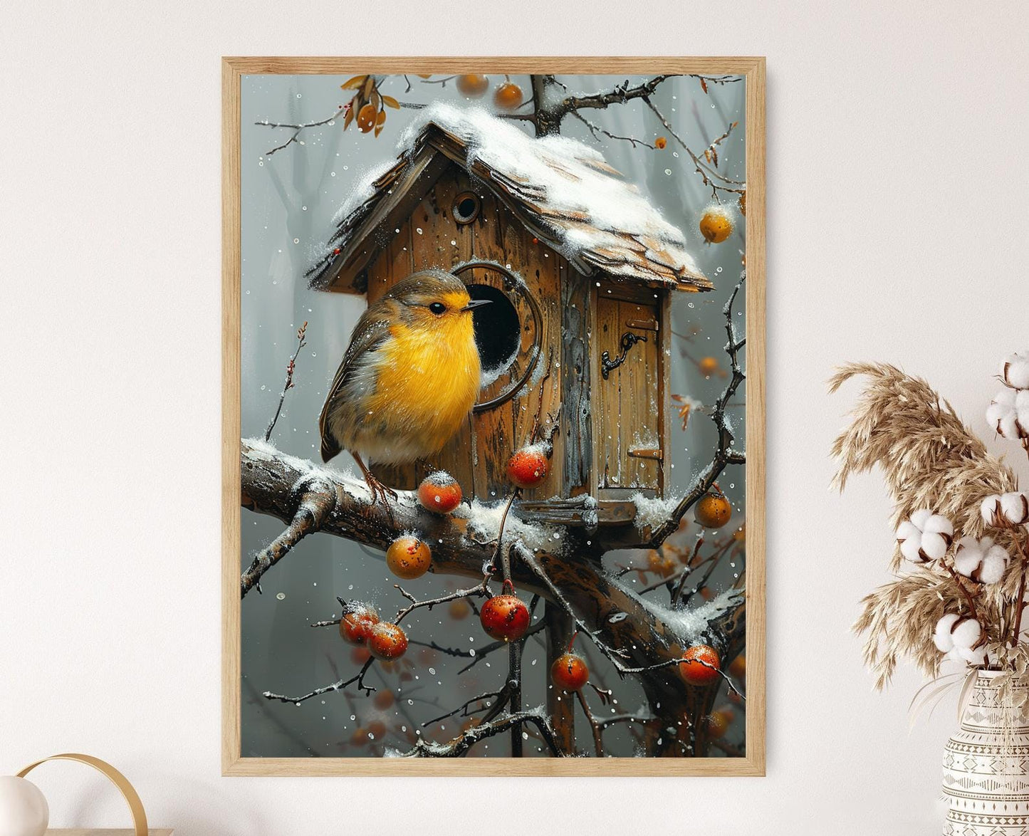 Affiche Oiseaux d'Hiver – Tableau Rustique et Chaleureux