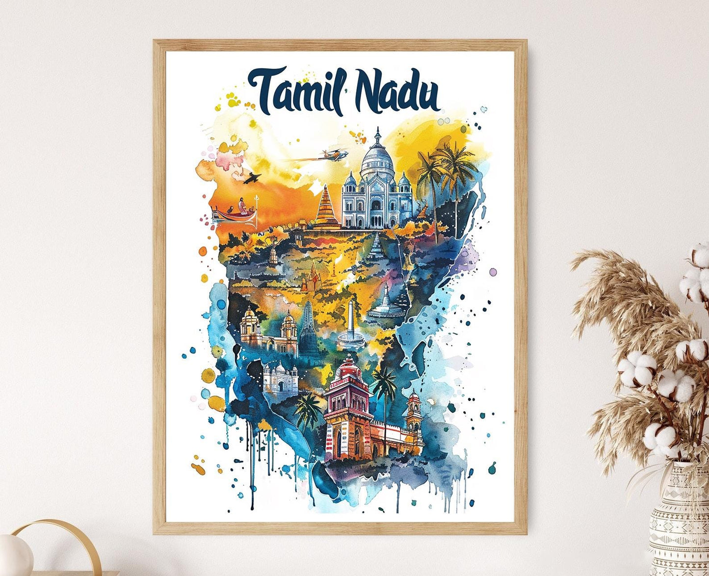 Affiche Culturelle du Tamil Nadu – Carte Voyage Colorée du Sud de l'Inde