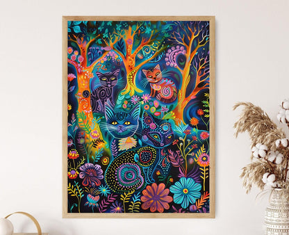 Affiche Chats Ludiques dans une Forêt Magique – Peinture Inspirée de Louis Wain