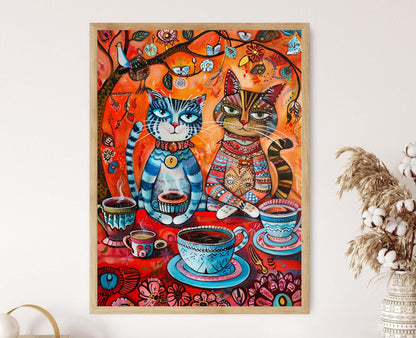 Affiche Chats Loufoques au Thé – Peinture Inspirée de Louis Wain