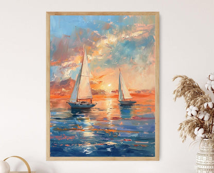 Affiche Voiliers au Coucher de Soleil – Poster Peinture Marine Inspirée de Winslow Homer