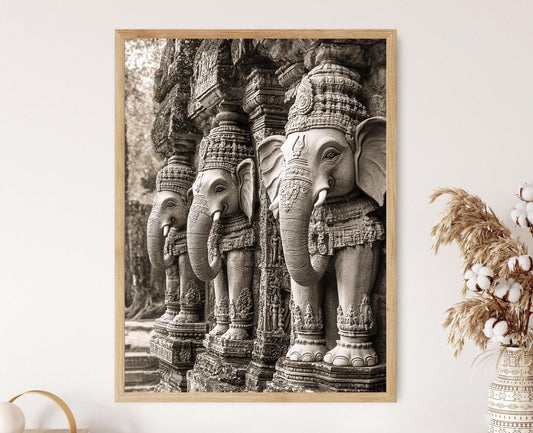 Affiche Éléphant de Temple Hindou – Poster Art Sépia d'Architecture Indienne