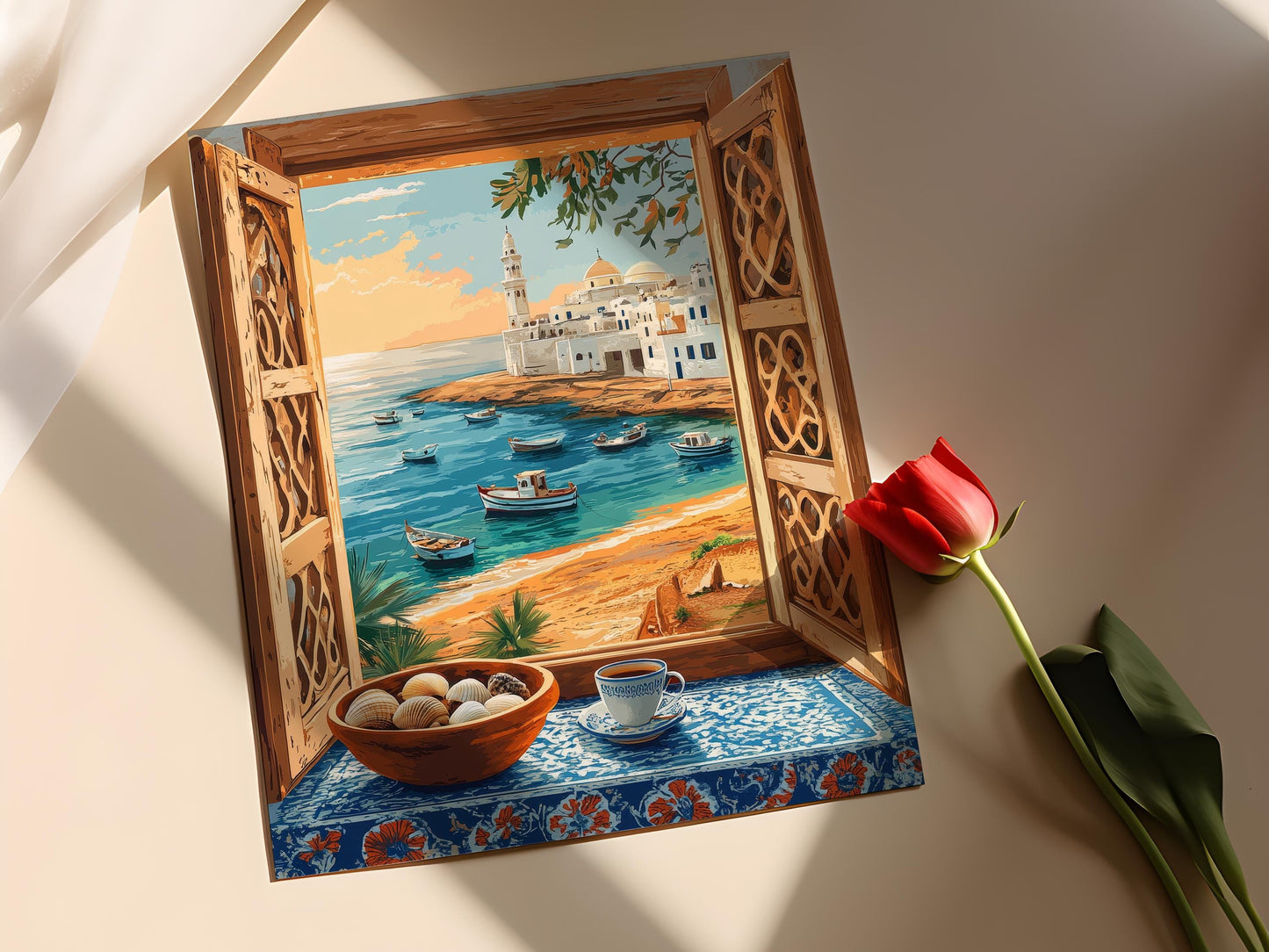 Affiche Coucher de Soleil Palestinien – Poster Fenêtre en Bois de Gaza