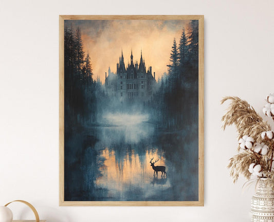 Affiche Château de Chambord – Impression artistique sur forêt brumeuse