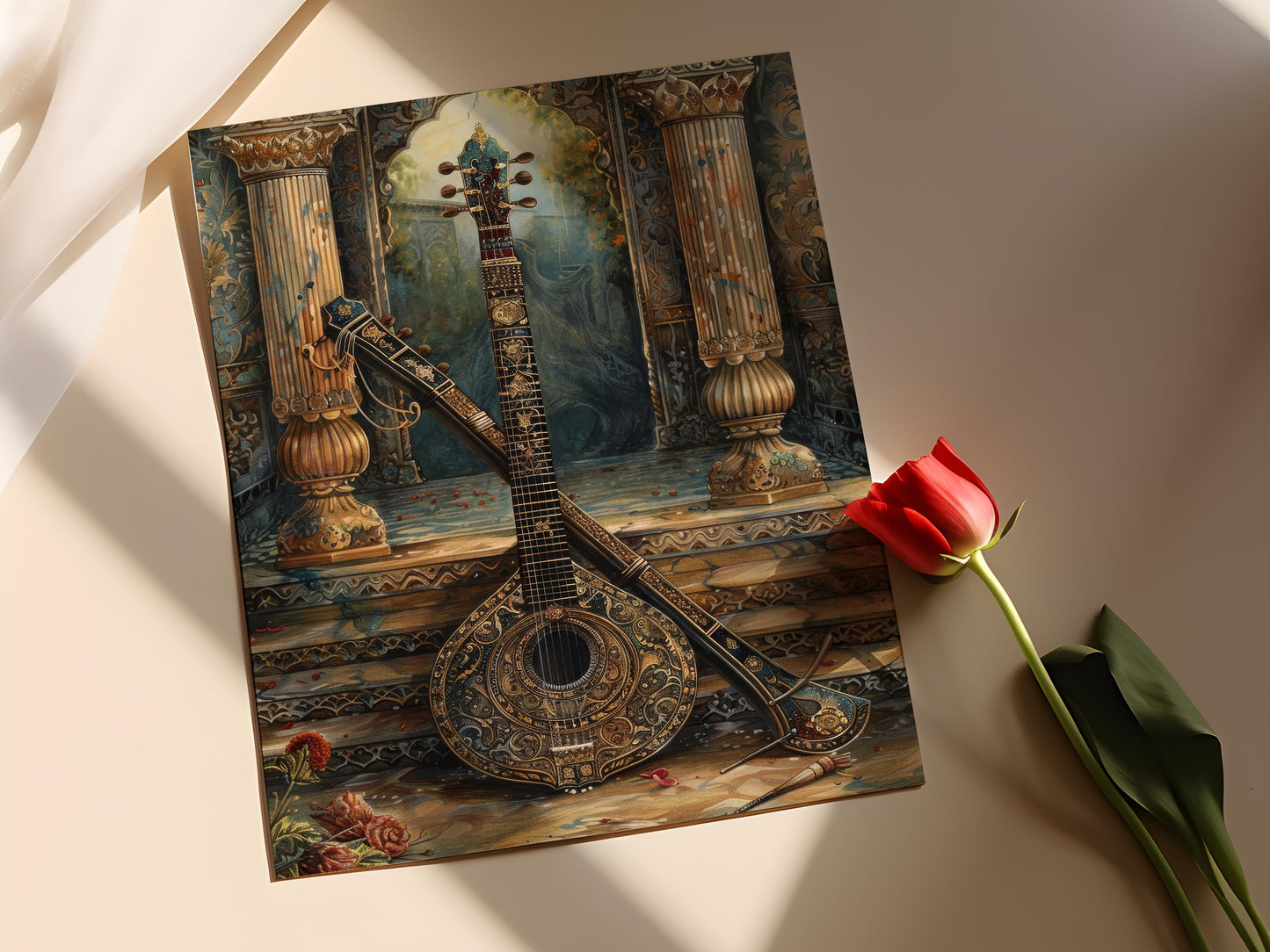 Affiche Tanpura Exquise – Poster Art Détails Riches d'Instrument Indien