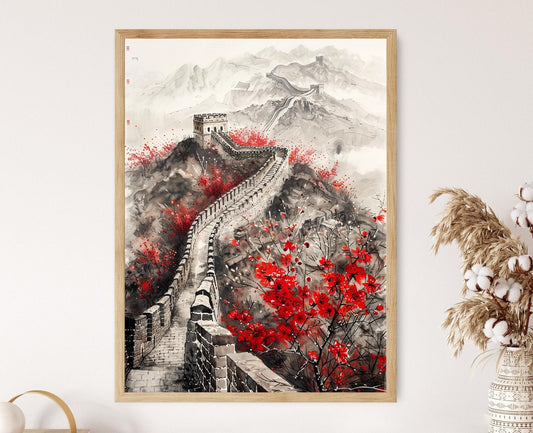 Affiche Grande Muraille de Chine – Art Illustré, Décor Mur, Cadeau Voyage