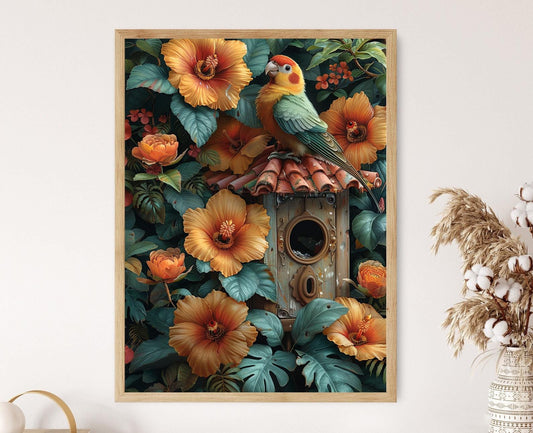 Affiche Maison d'Oiseaux Tropicale – Art Coloré pour le Jardin