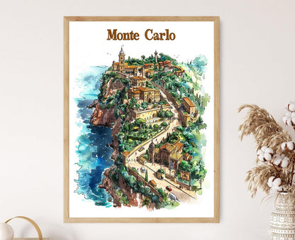 Affiche Monte Carlo – Poster Scène côtière vibrante, déco méditerranéenne