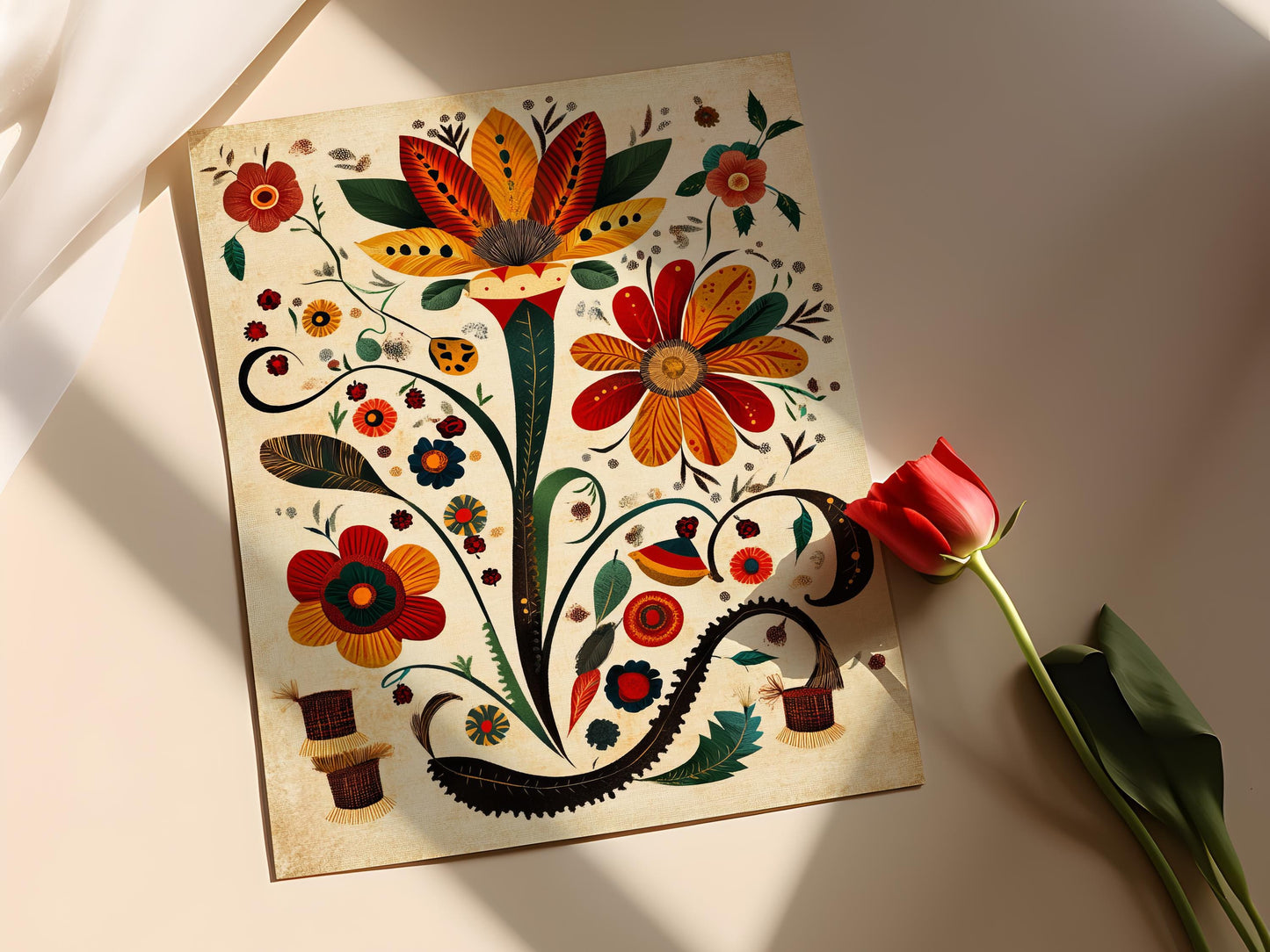 Affiche Kantha Bengal – Poster Art de Broderie Florale Traditionnelle