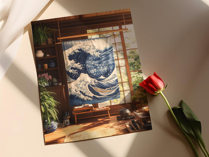 Affiche Shibori Japonais – Poster Art Textile Indigo et Fleurs