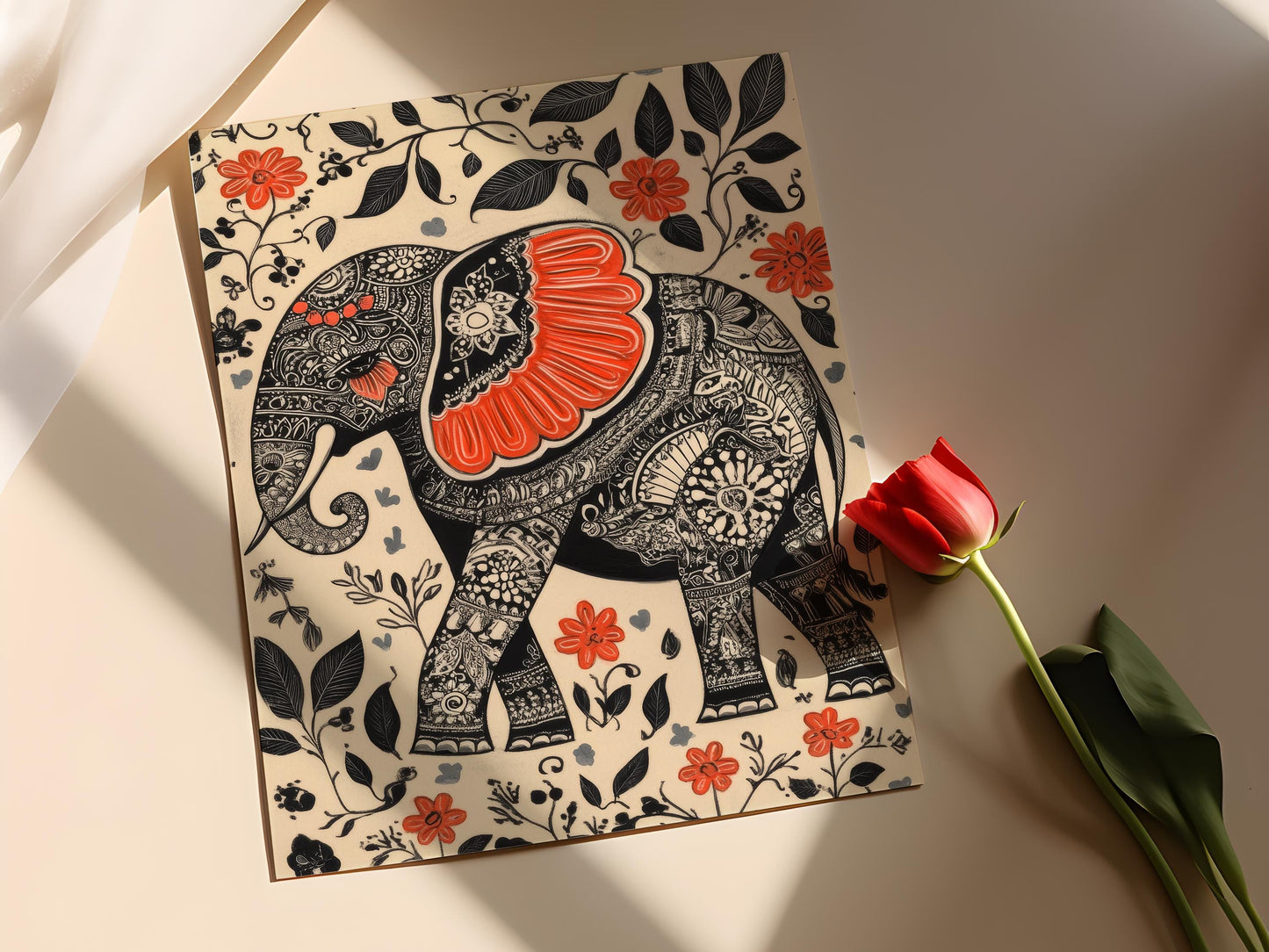 Affiche Éléphant Mithila – Impression d'art florale détaillée