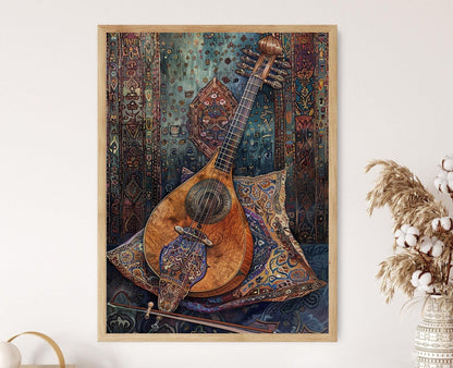 Affiche Élégante de Veena sur Coussin en Soie – Art Instrumental Indien